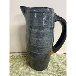 Studio Pottery Pitcher Signed Asian Mark Blue Gray Glaze Handmade